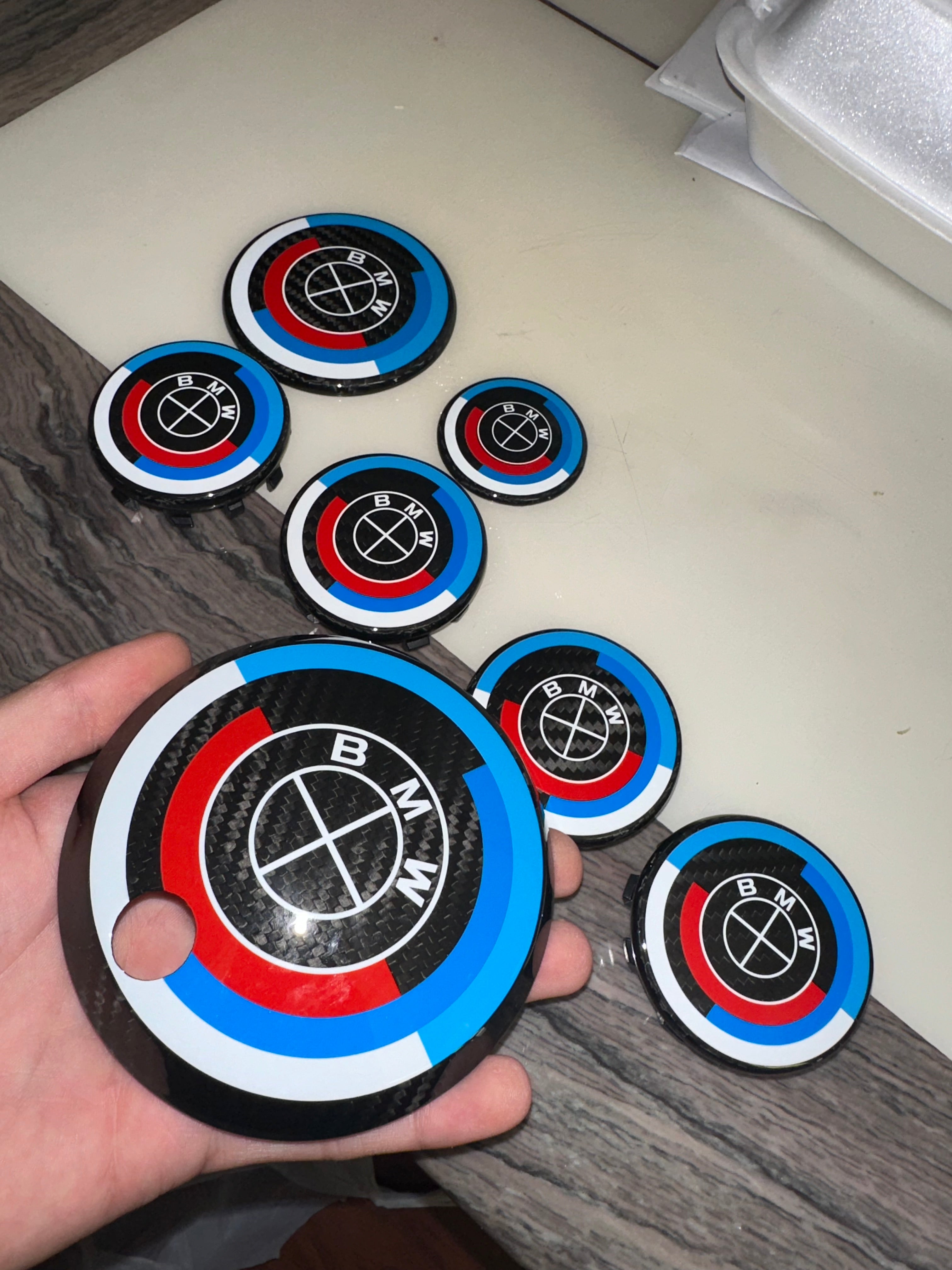 Carbon Fiber 50th Years M Heritage Emblem Roundel Cover &  Hub Cap Replacement (7 Piece)- BMW Roundel